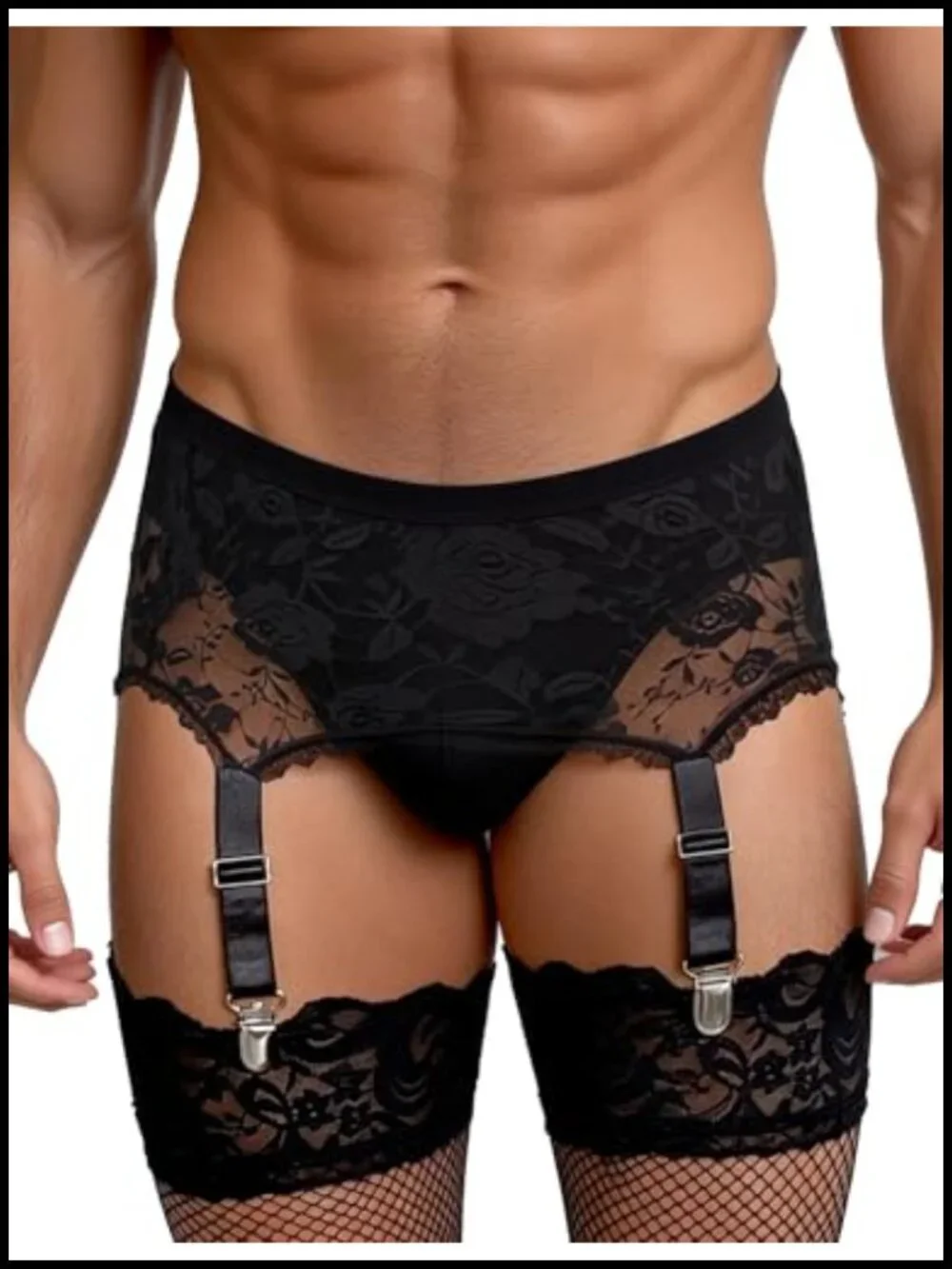 Men's 6-Strap High-Waist Lace Garter Belt with Metal Clamps Adjustable